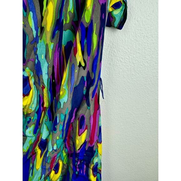 Trina Turk Dress Size 8 Blue Peacock Print 100% Silk Cap Sleeve Beach Vacation - Picture 3 of 6